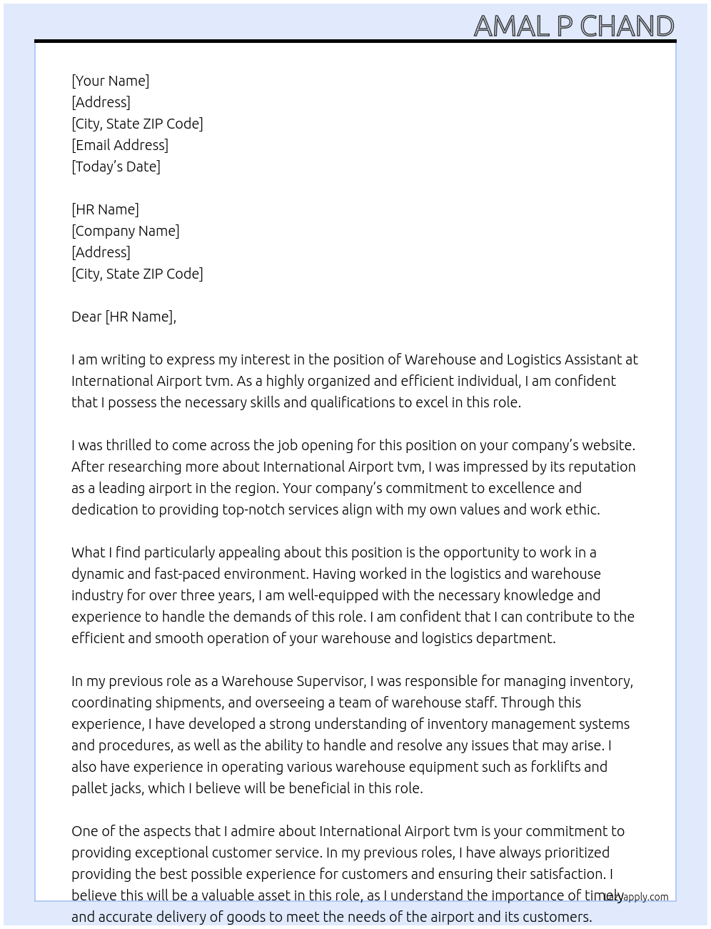 Warehouse and logistics assistant  At International Airport tvm Cover Letter