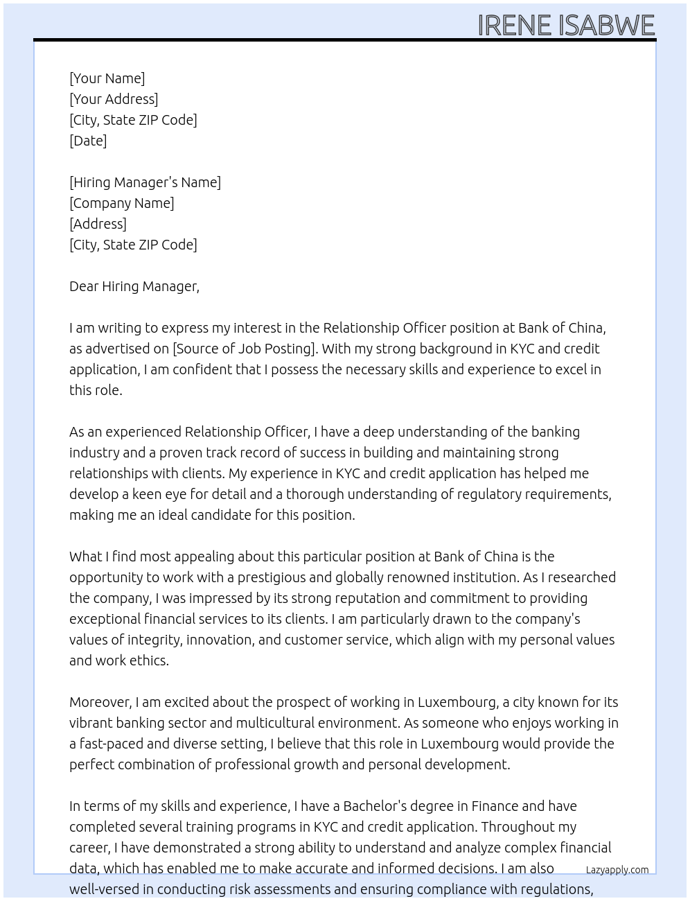 Relationship Officer At Bank of China Cover Letter