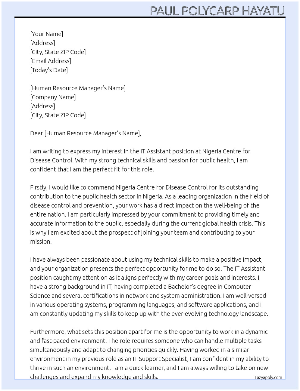 It Assistant At Nigeria Centre for Disease Control Cover Letter