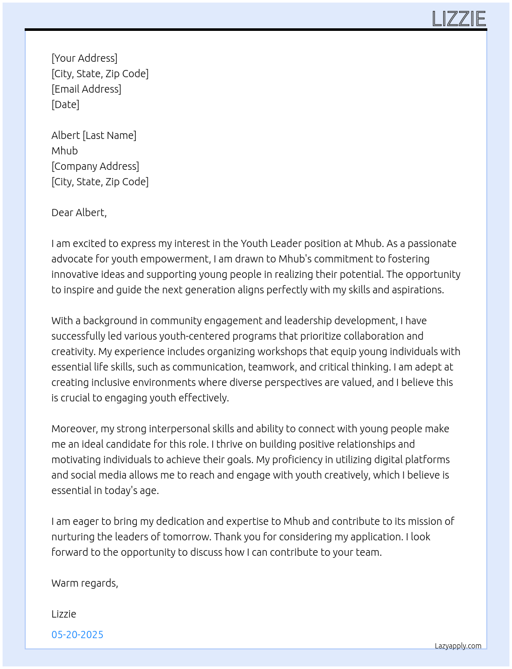 Cover letter for youth leader - LazyApply