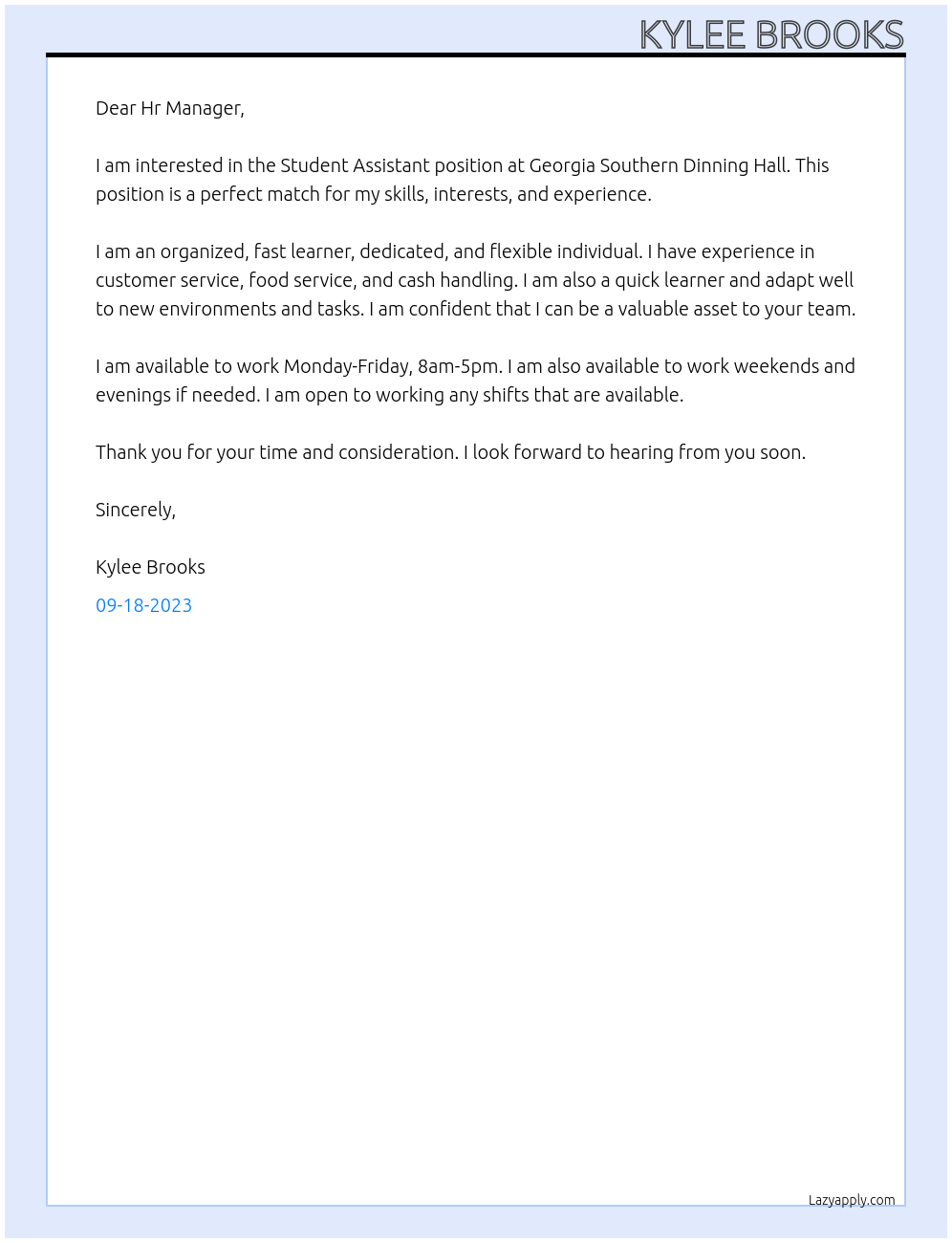 Student Assistant  At Georgia Southern Dinning Hall Cover Letter