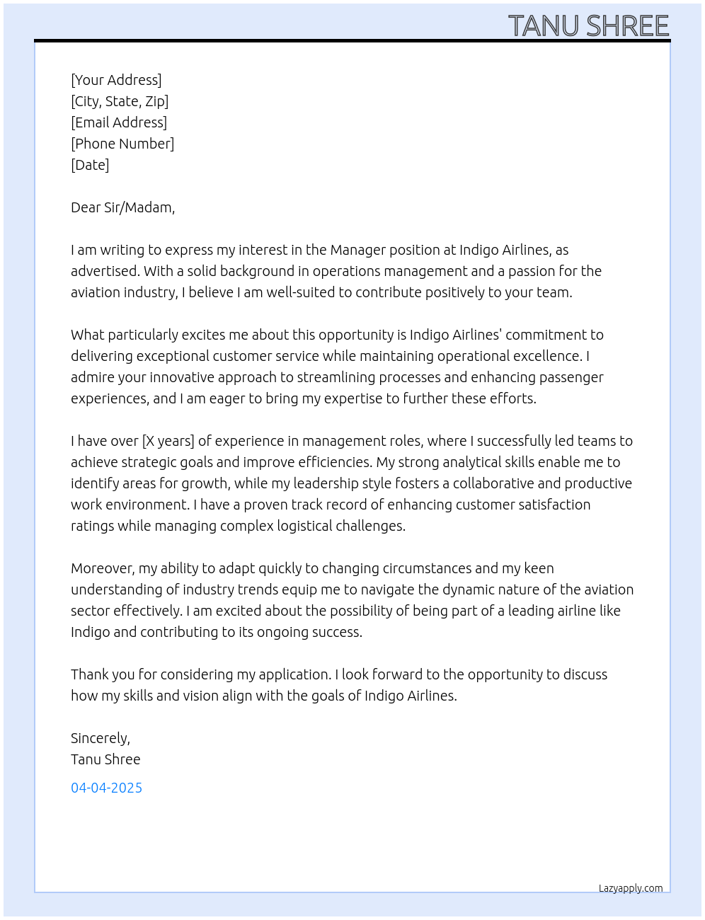 manager At Indigo Airlines Cover Letter