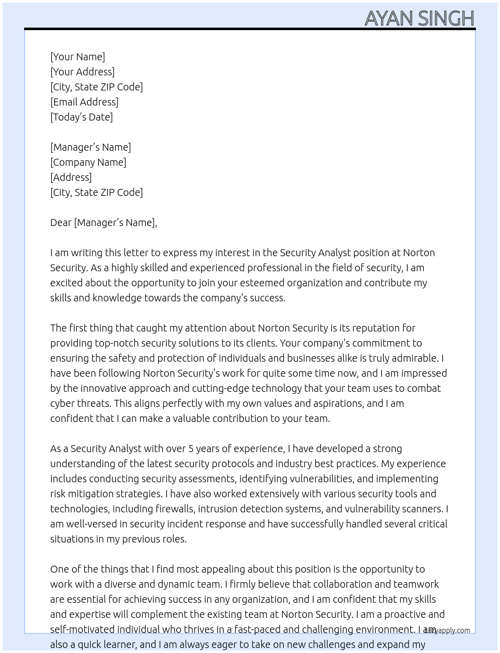 security analyst  At norton security  Cover Letter