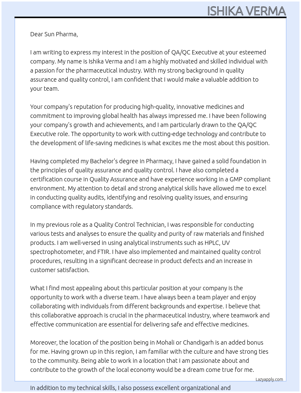 Executive At Sun Pharma Cover Letter