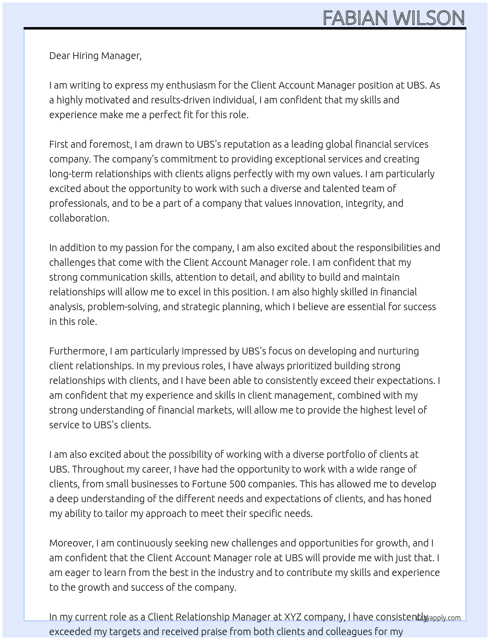 Client account Manager At UBS Cover Letter