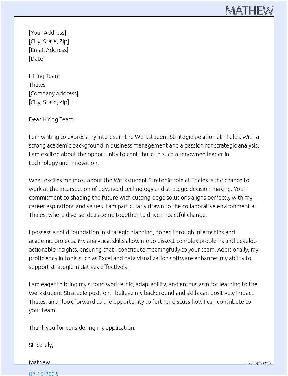 werkstudent Strategie At Thales Cover Letter