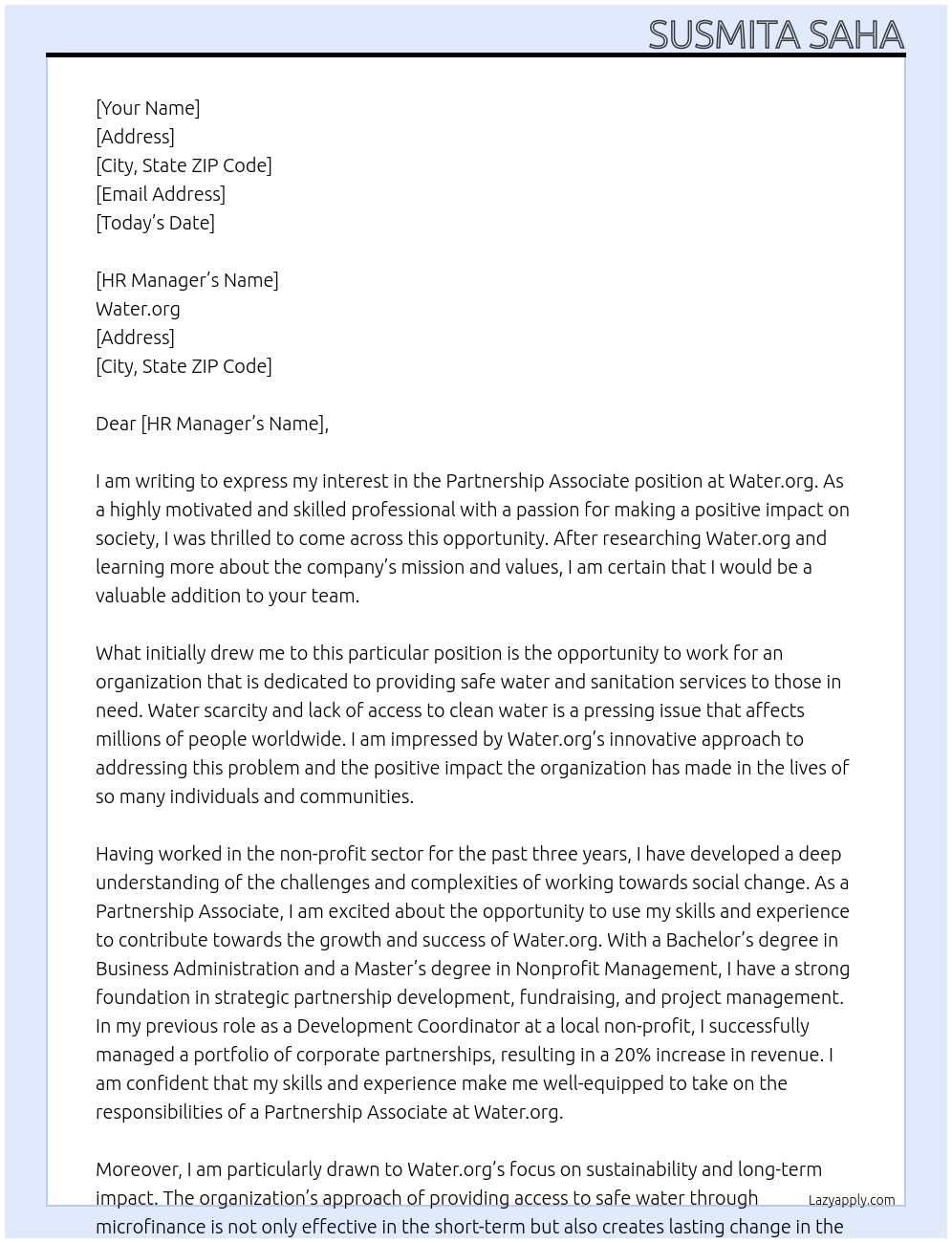 Partnership Associate At Water.org Cover Letter