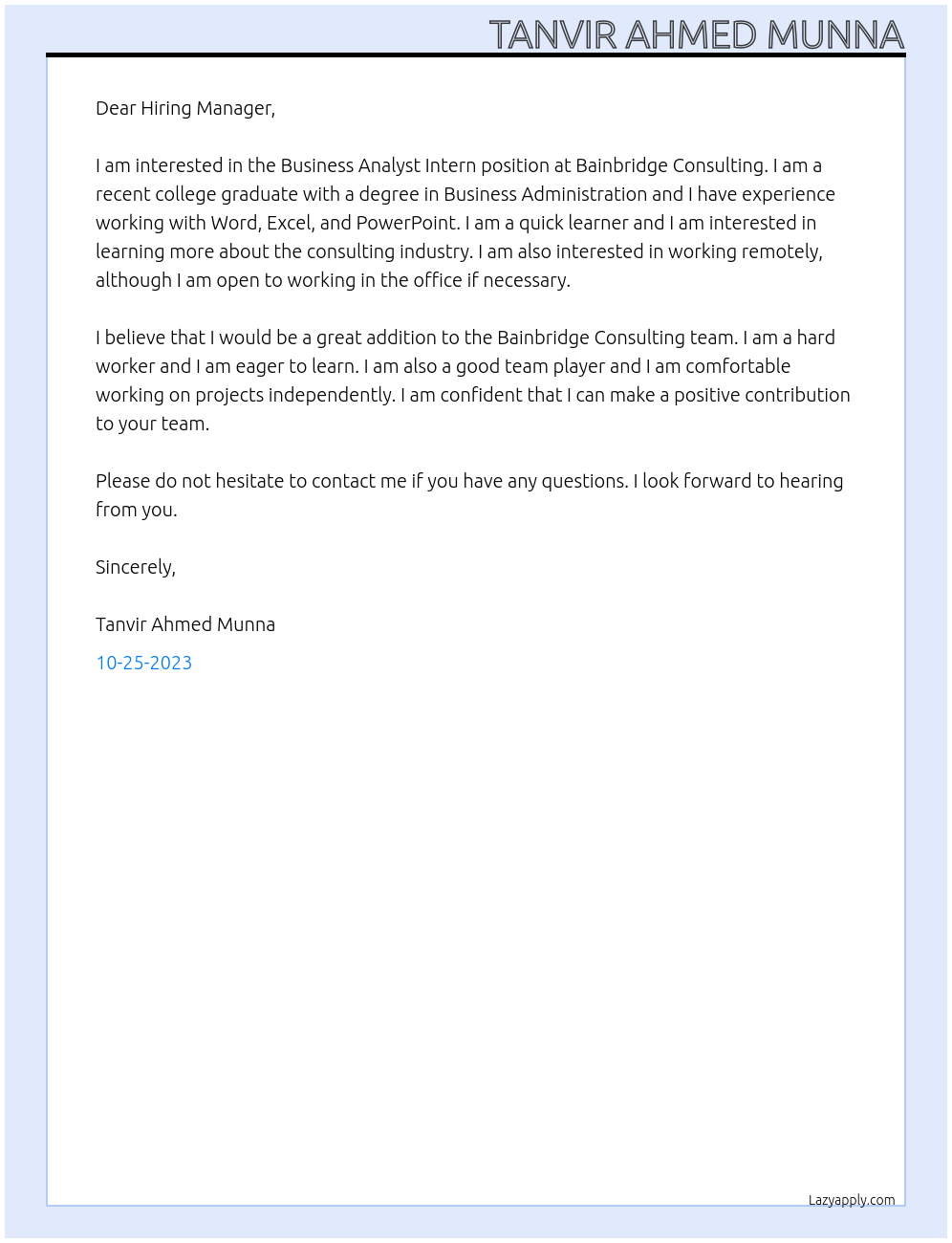 Business Analyst Intern At Bainbridge Consulting Cover Letter