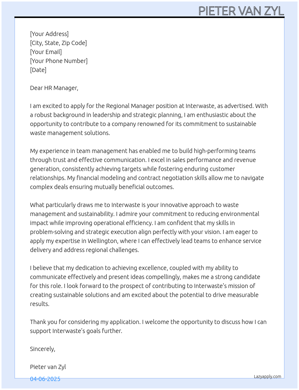 Regional Manager At Interwaste Cover Letter