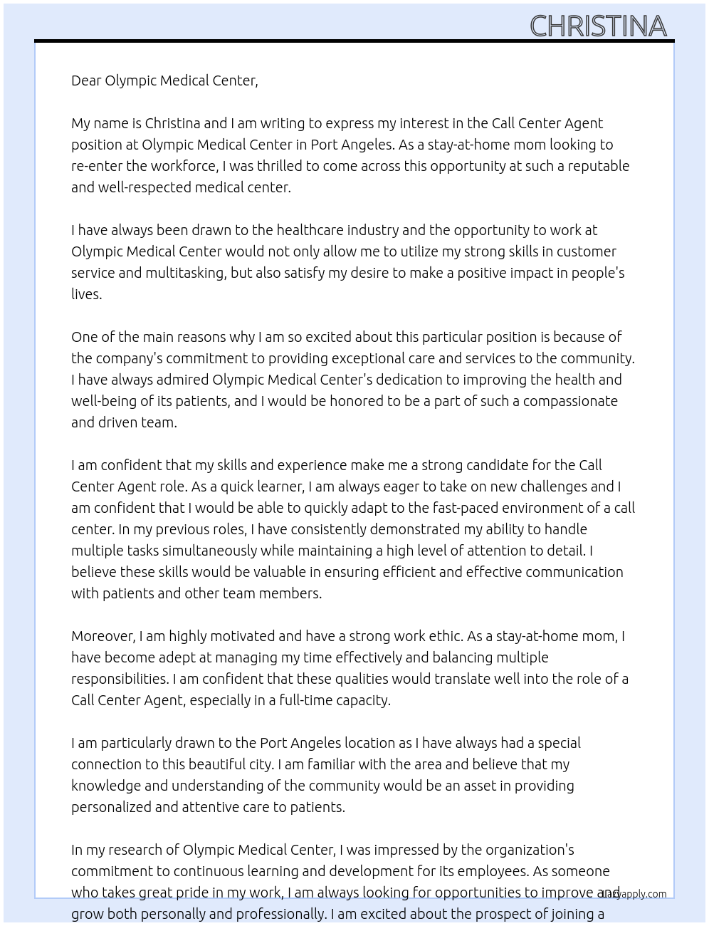 Call Center Agent At Olympic Medical Center Cover Letter