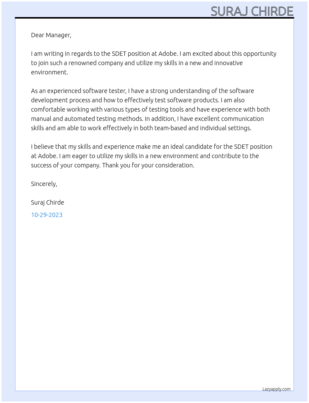 SDET At Adobe Cover Letter