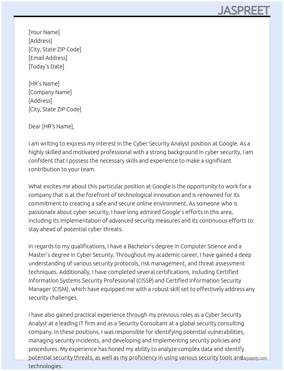 Cyber Security Analyst At google Cover Letter