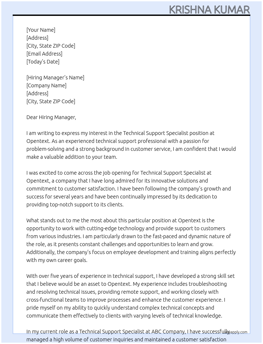 Technical Support Specialist At opentext Cover Letter