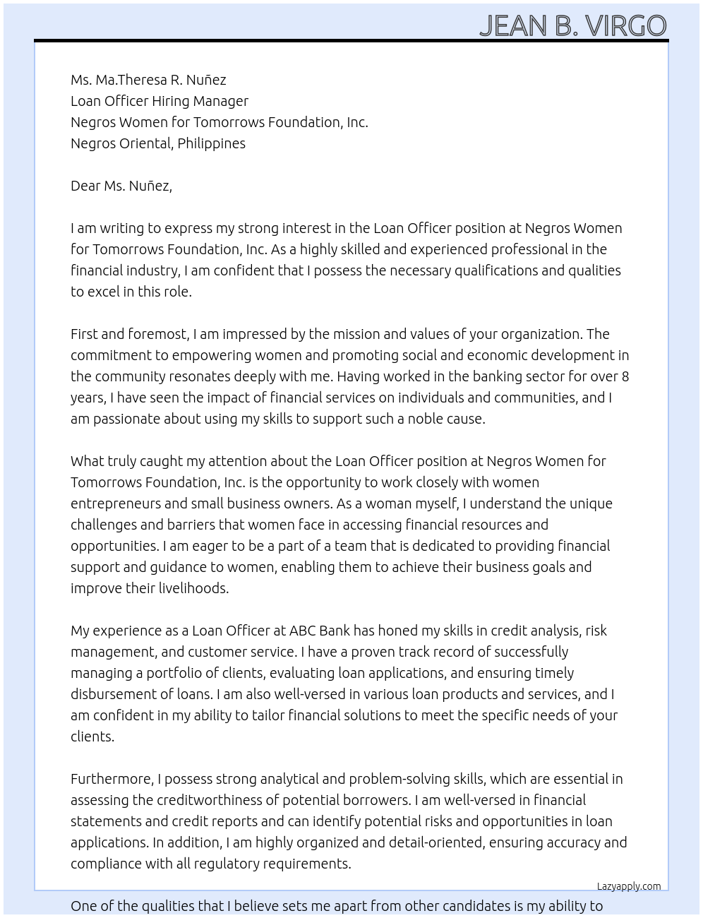 Loan officer At 𝐍𝐞𝐠𝐫𝐨𝐬 𝐖𝐨𝐦𝐞𝐧 𝐟𝐨𝐫 𝐓𝐨𝐦𝐨𝐫𝐫𝐨𝐰 𝐅𝐨𝐮𝐧𝐝𝐚𝐭𝐢𝐨𝐧, 𝐈𝐧𝐜 Cover Letter