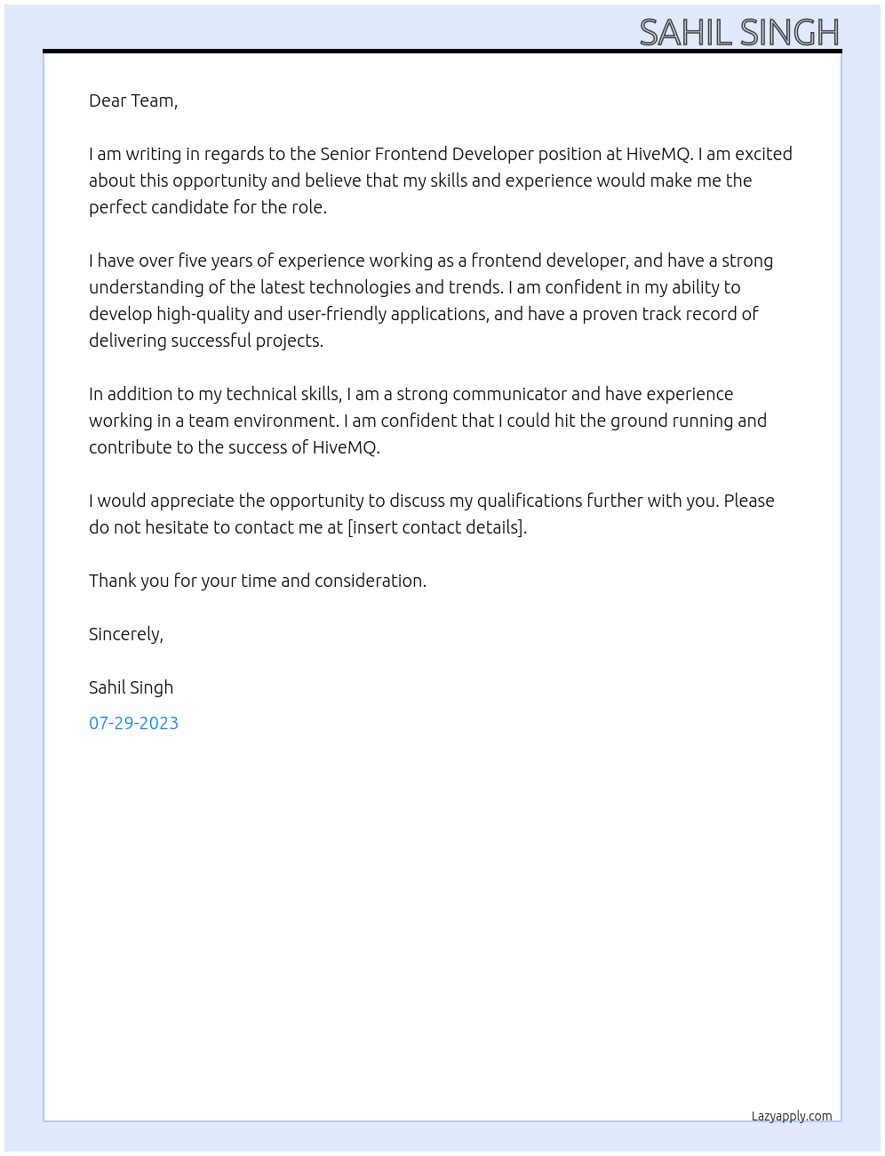 Senior frontend developer At HiveMQ Cover Letter