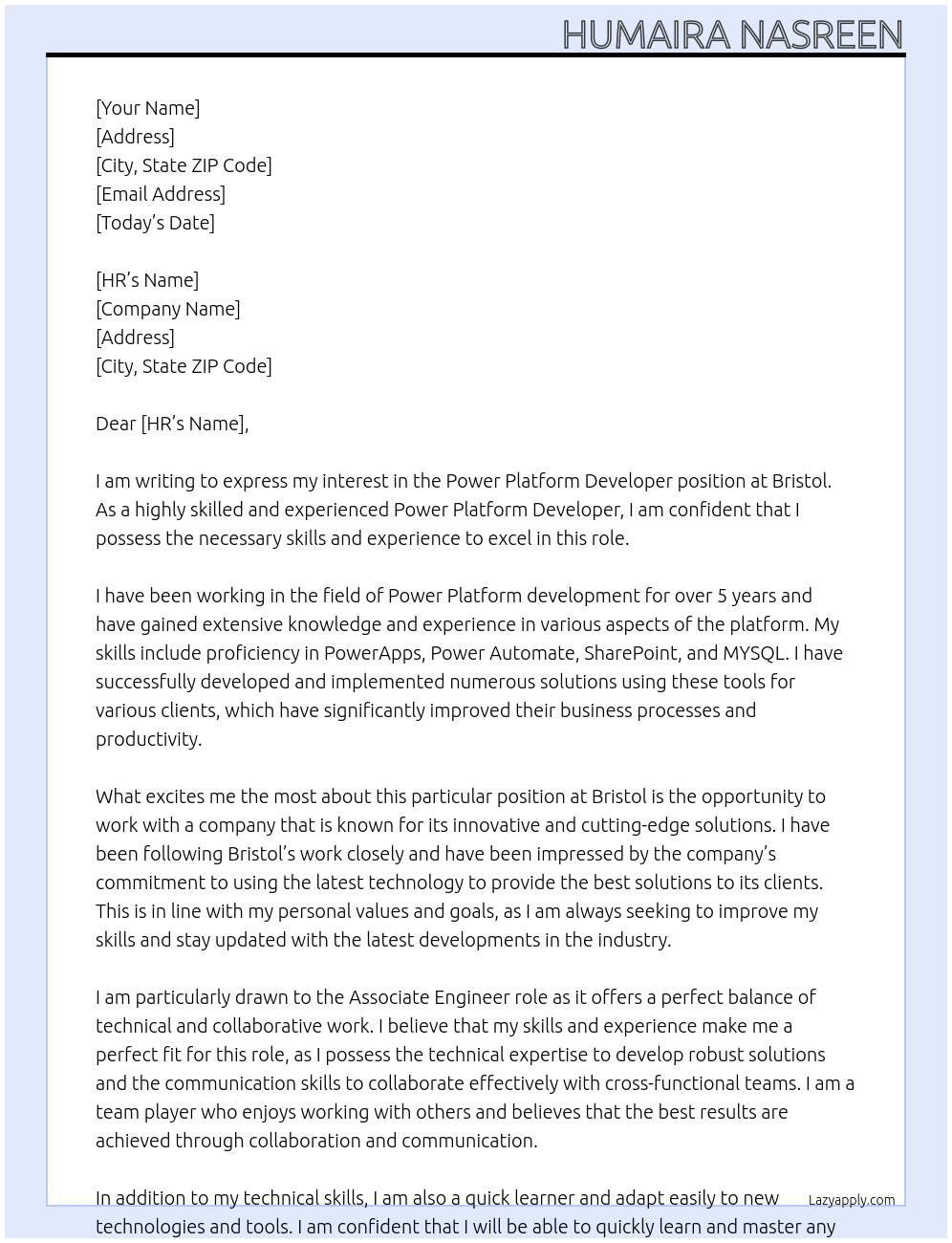 power platform developer At Bristol Cover Letter