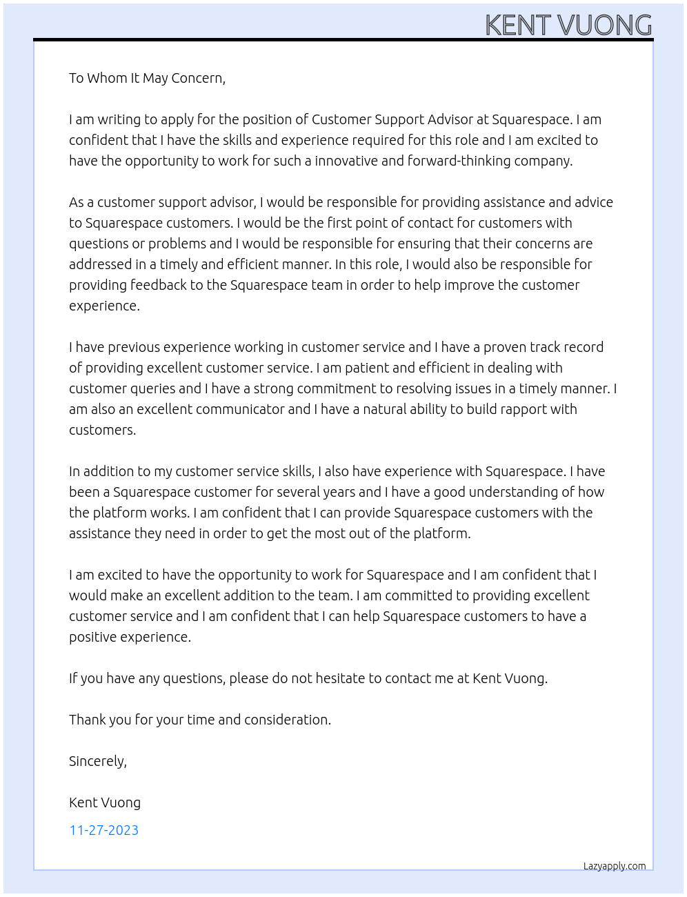 Customer Support Advisor At Squarespace Cover Letter