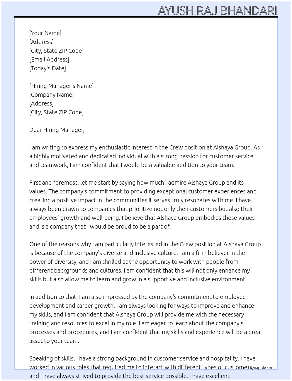 Crew At Alshaya Group Cover Letter