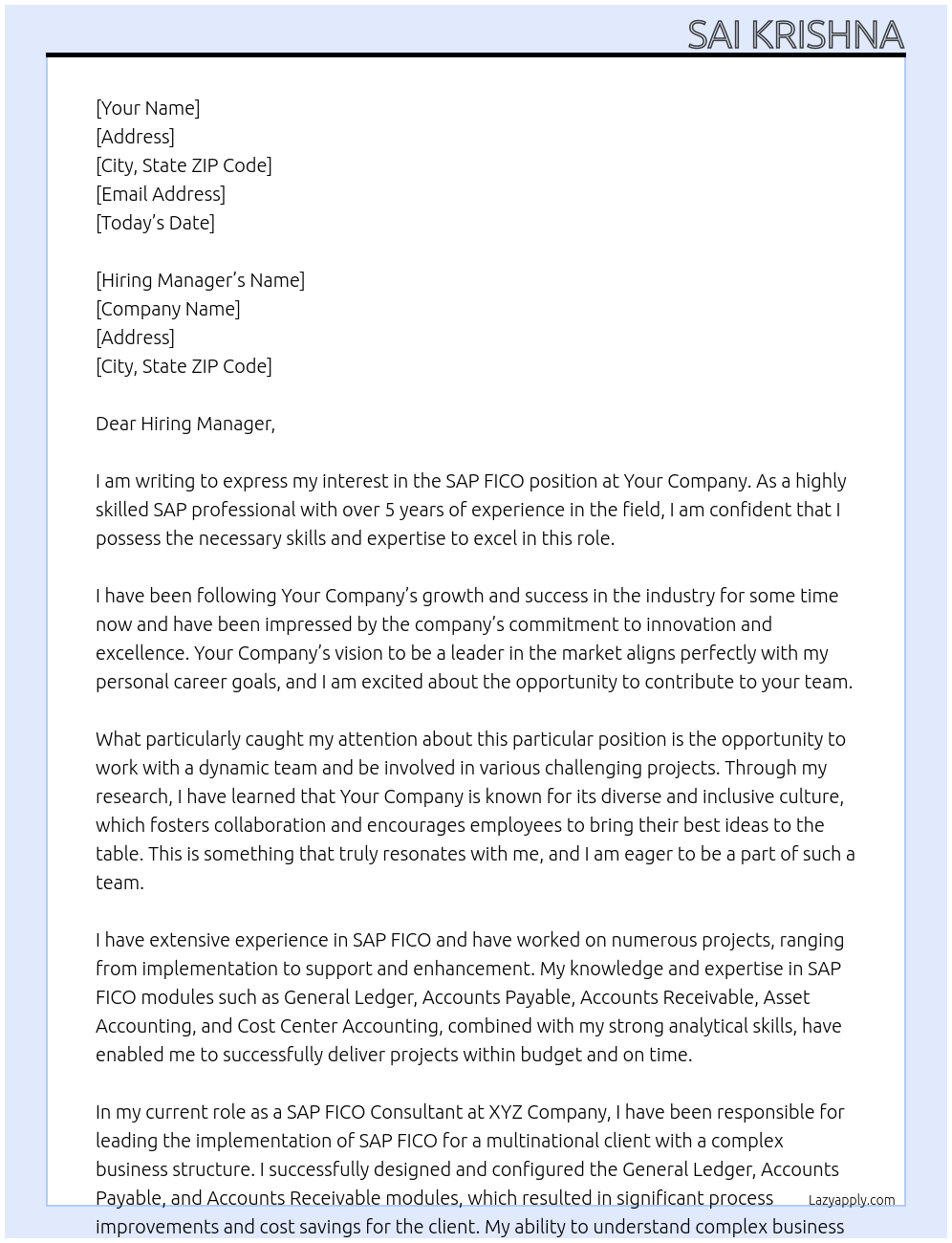 SAP FICO At Your Company Cover Letter