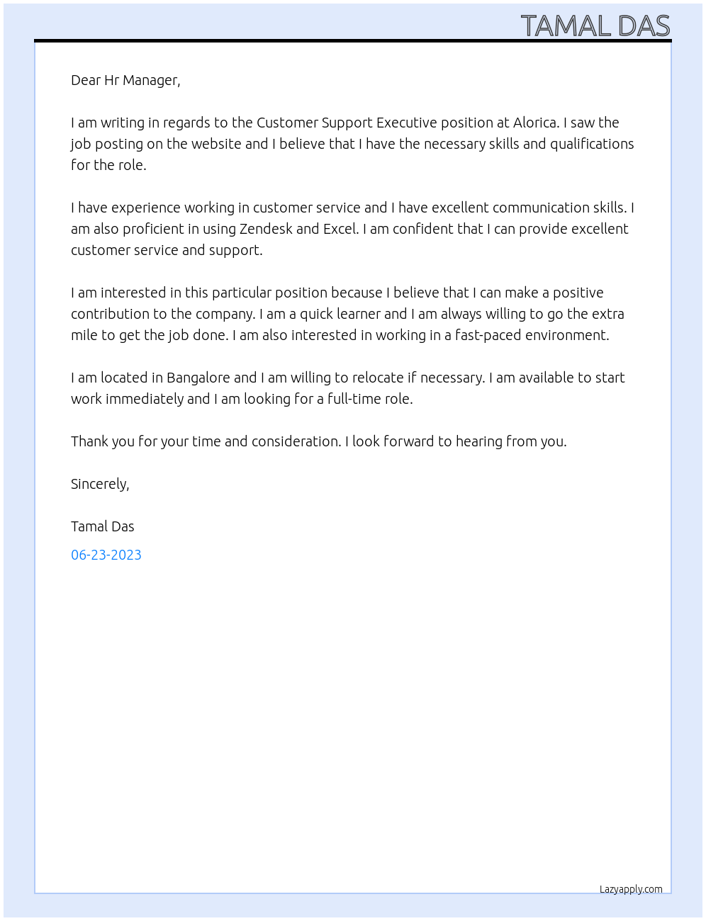 Customer Support Executive At Alorica Cover Letter