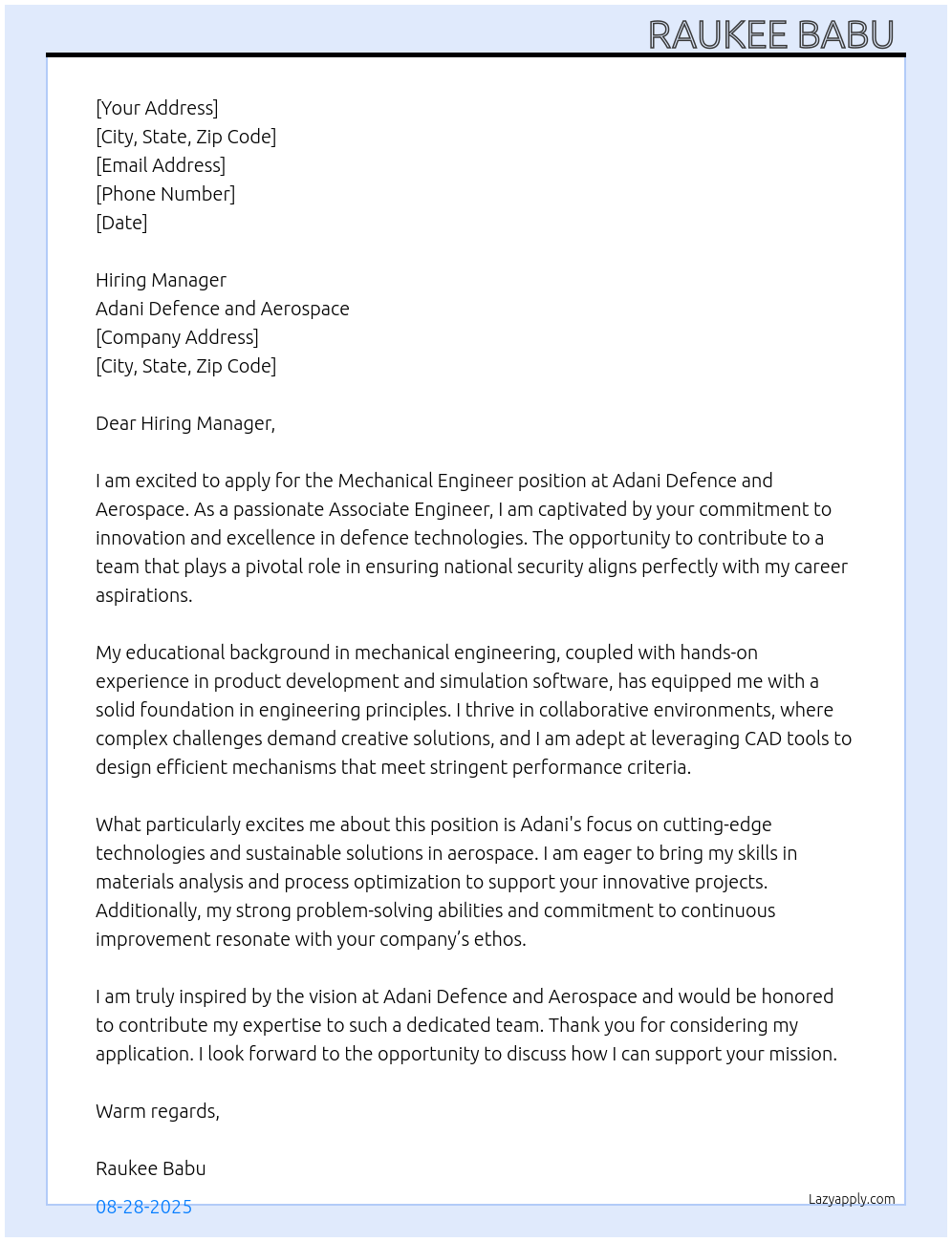 Mechanical Engineer At Adani defence and Aerospace Cover Letter