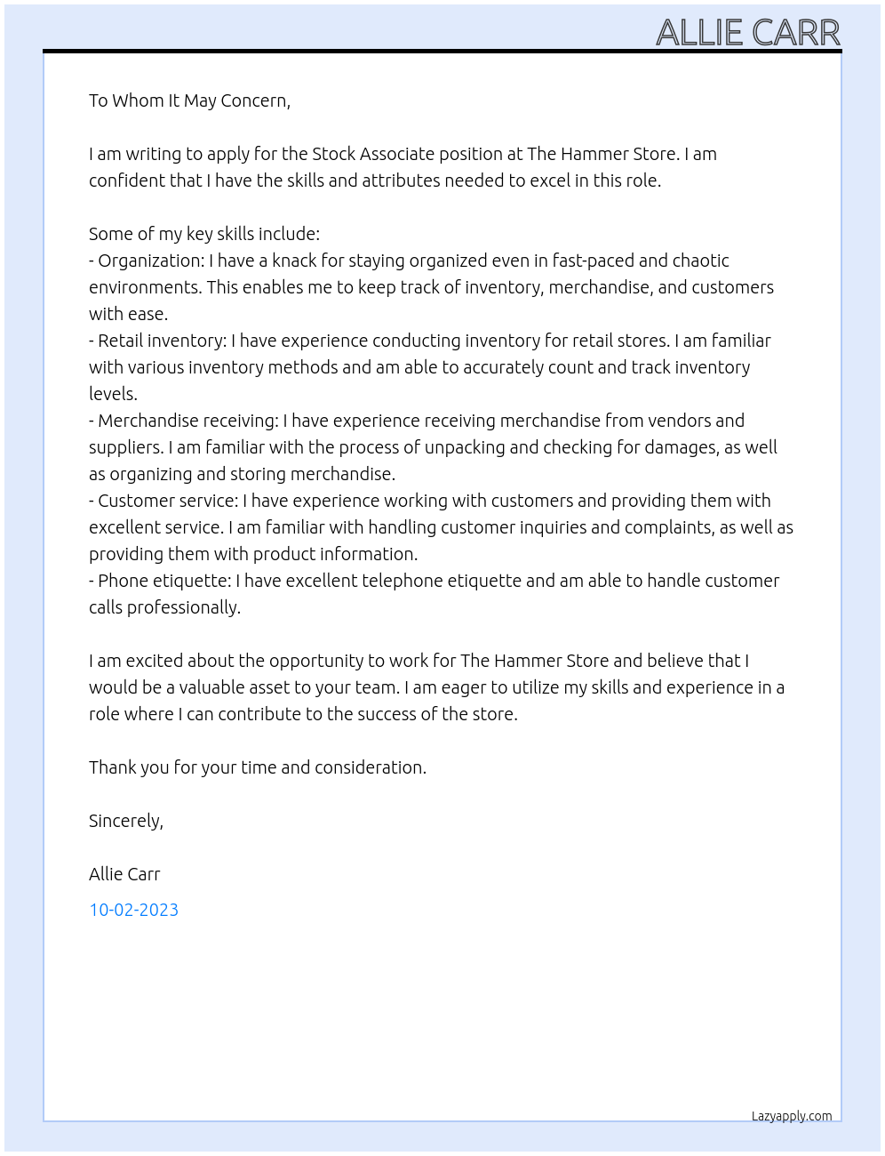 Stock Associate At The Hammer Store Cover Letter