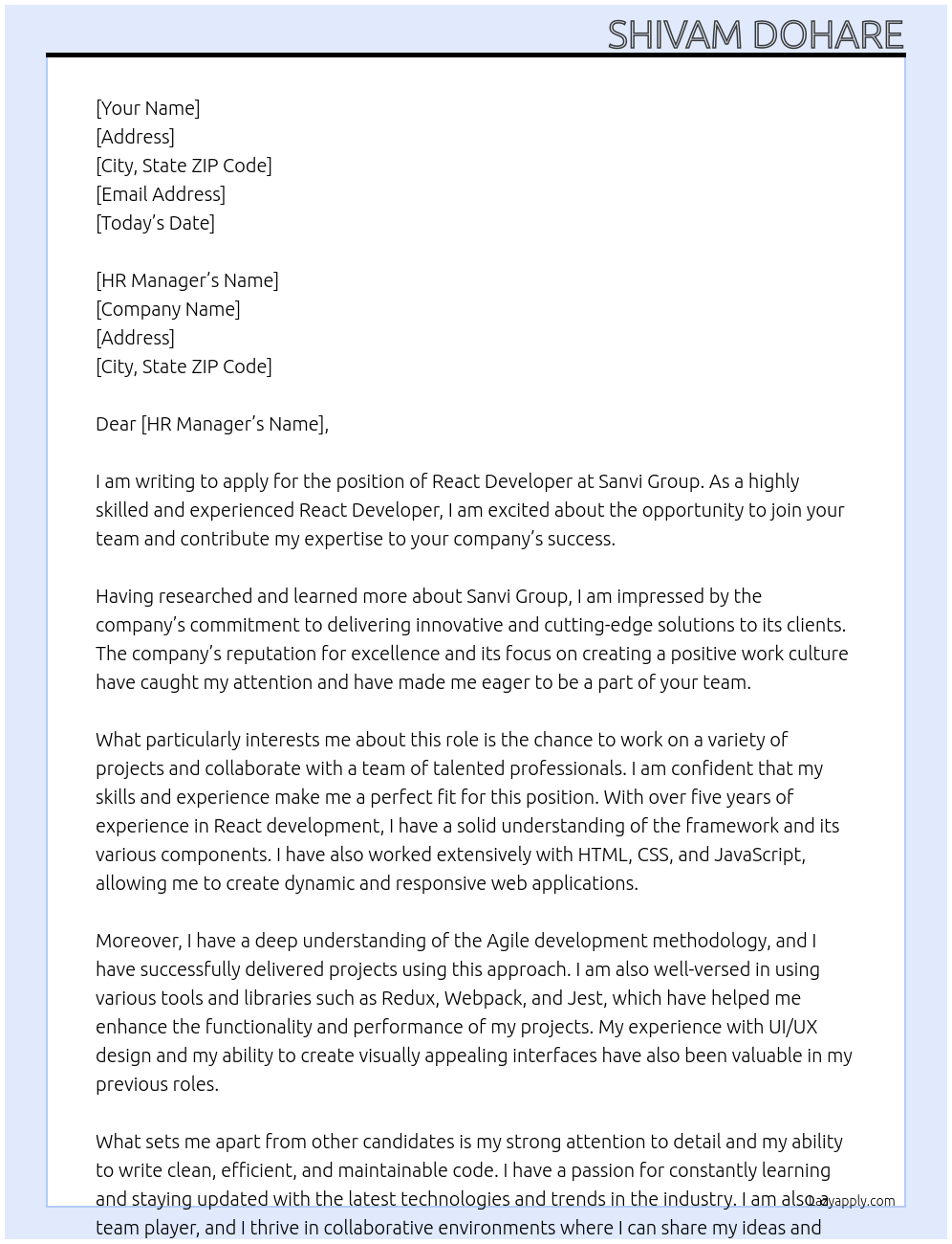 React developer At Sanvi group Cover Letter