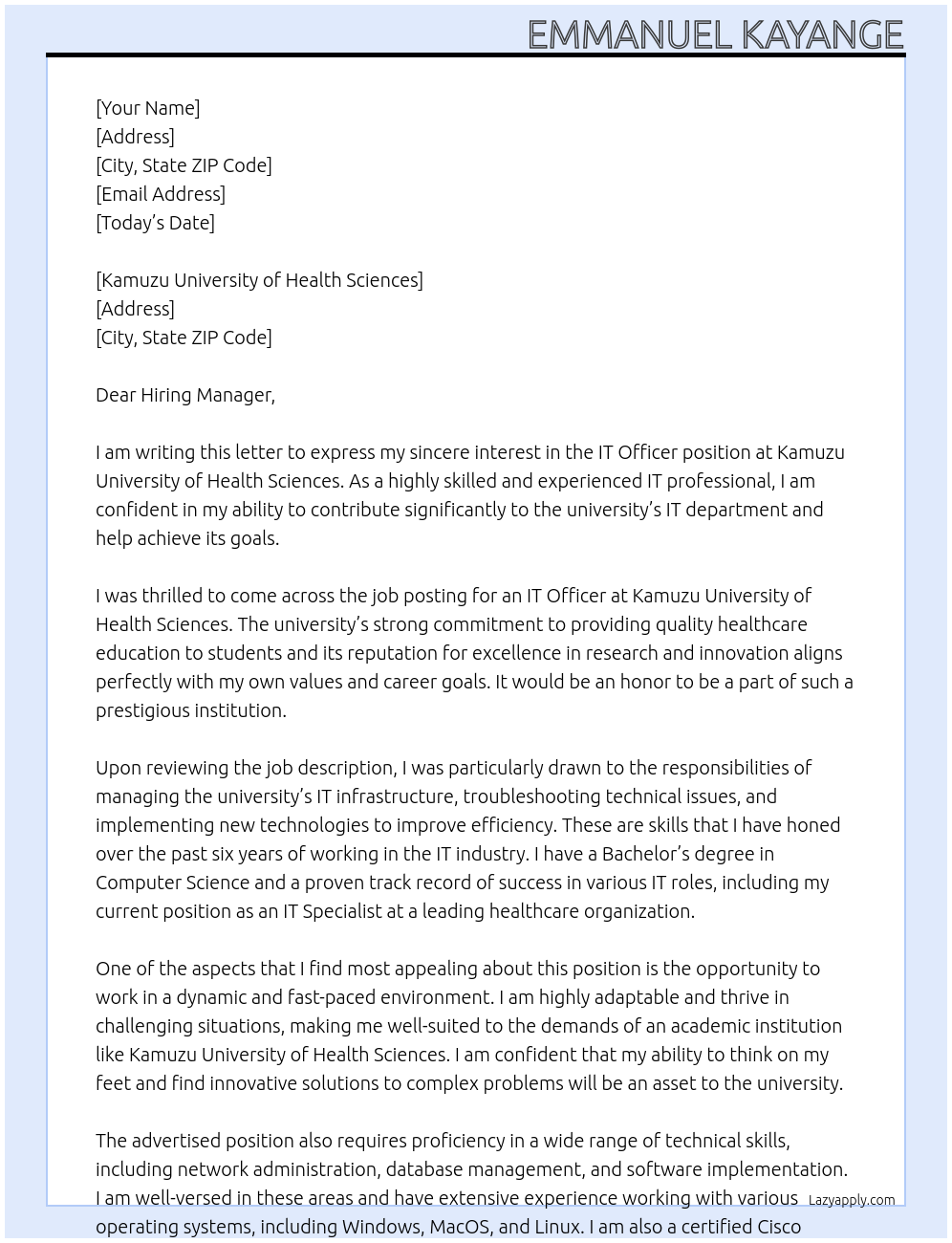 IT officer At Kamuzu University of Health Sciences Cover Letter
