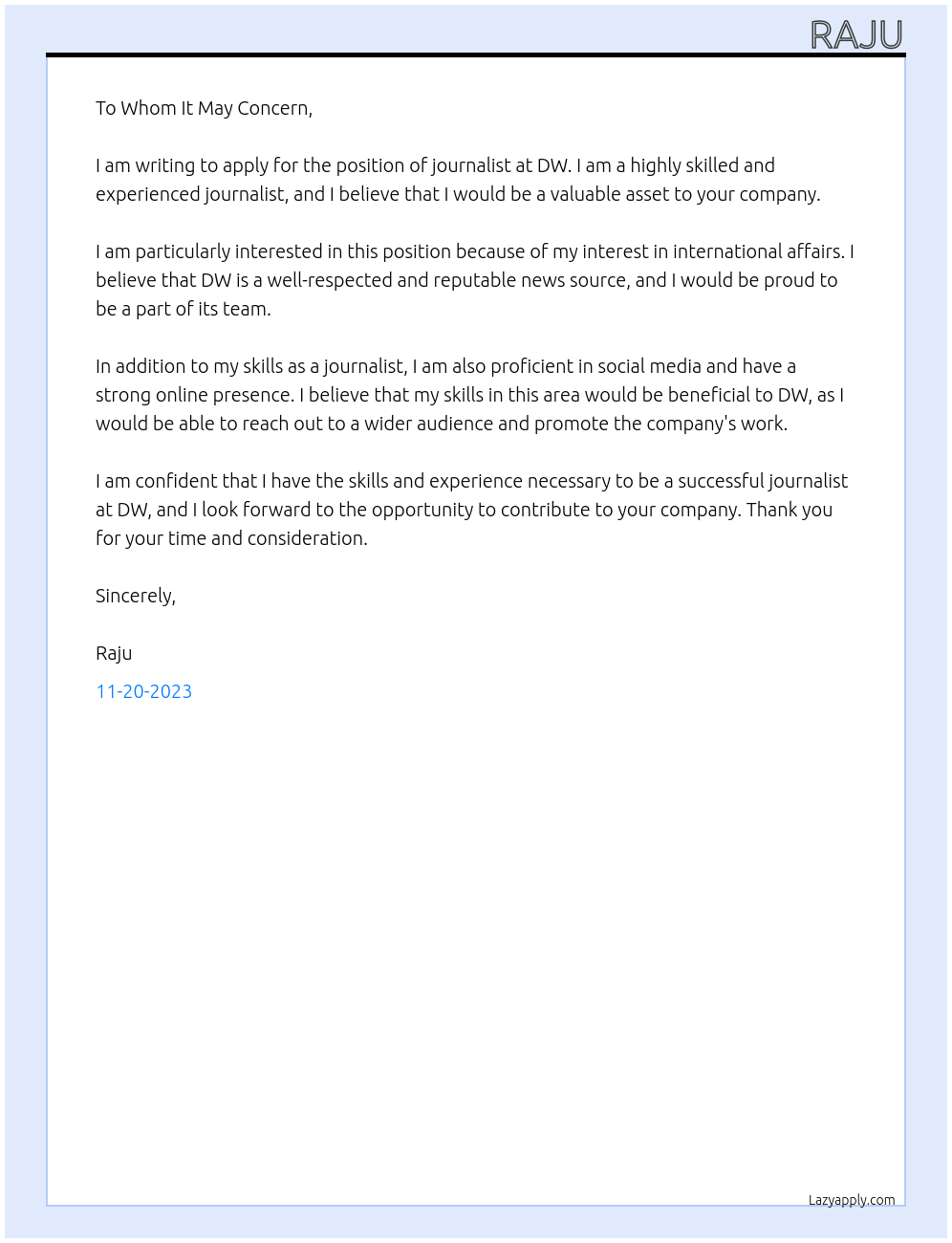 Journalist At DW Cover Letter