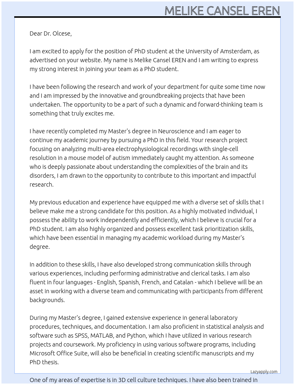 PhD student At University of Amsterdam Cover Letter