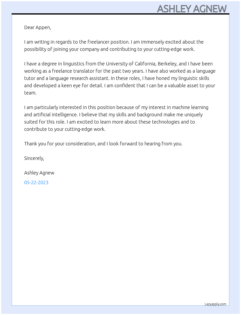 Freelancer At Appen Cover Letter