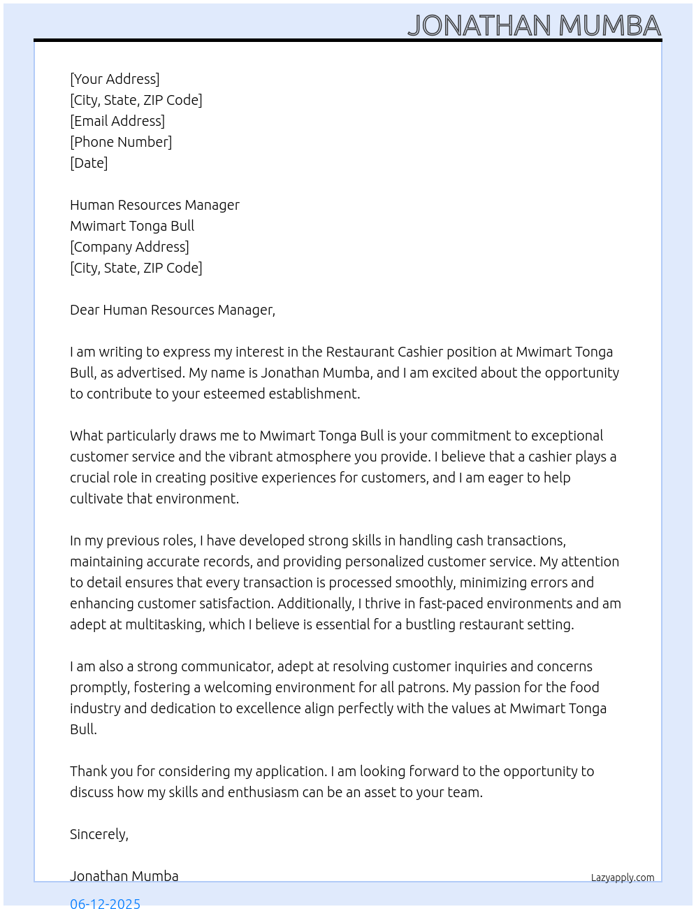 Cover letter for restaurant cashier - LazyApply
