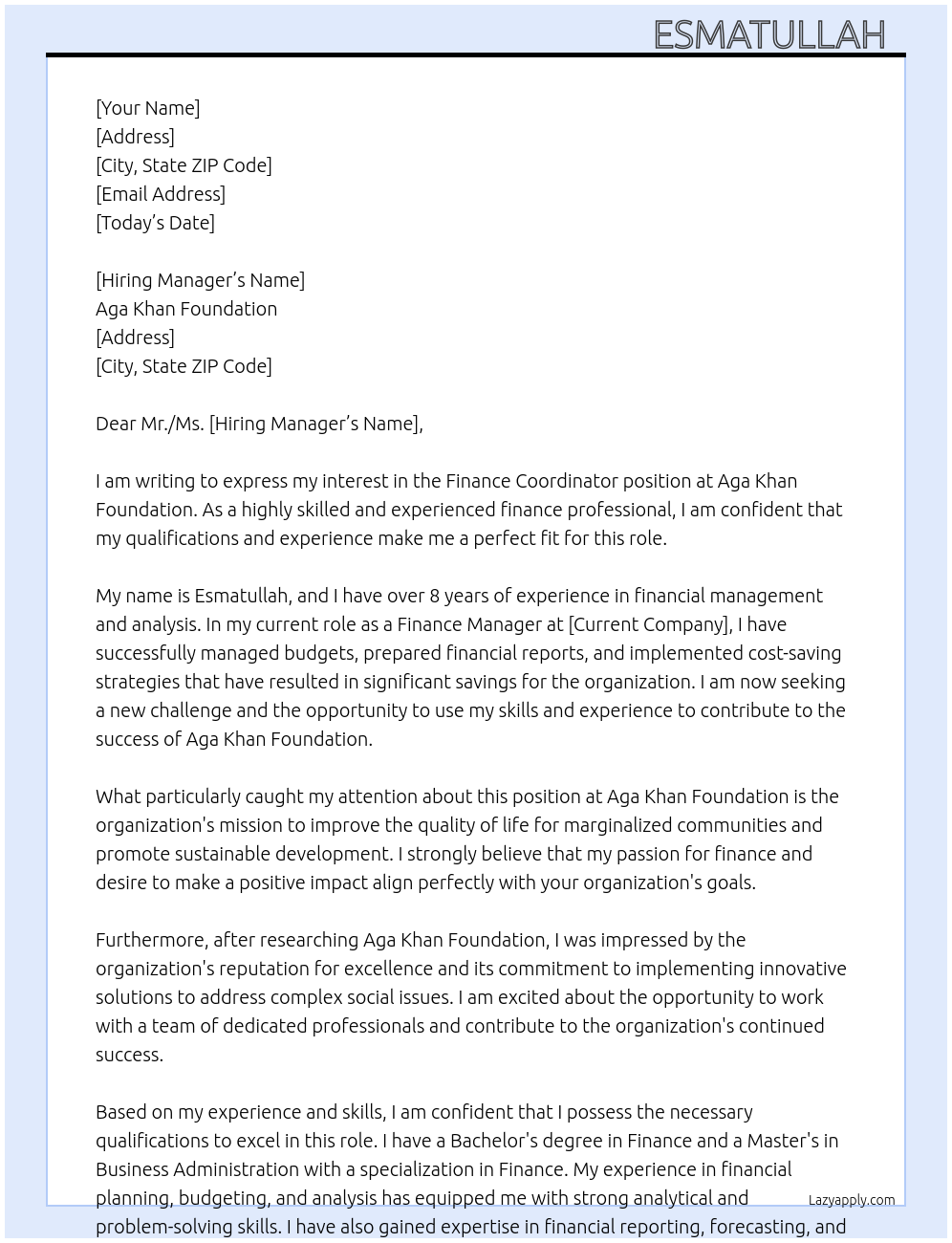 Finance Coordinator At Aga Khan Foundation Cover Letter