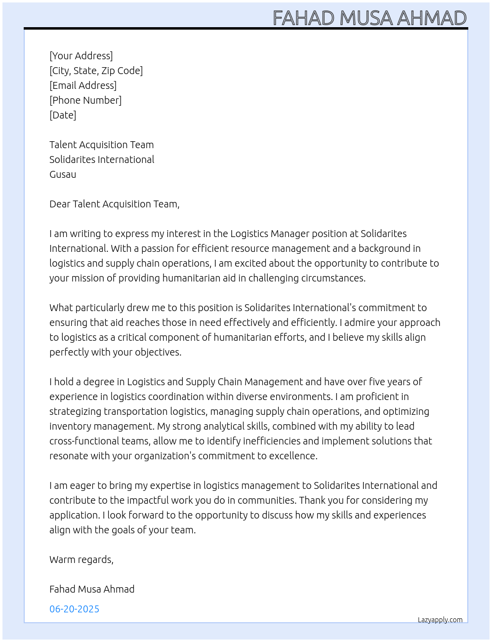 Logistics Manager At Solidarites International, Gusau Cover Letter