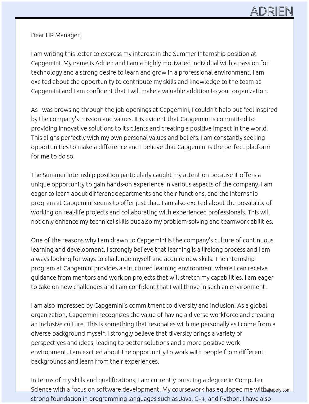 Summer Internship At Capgemini Cover Letter