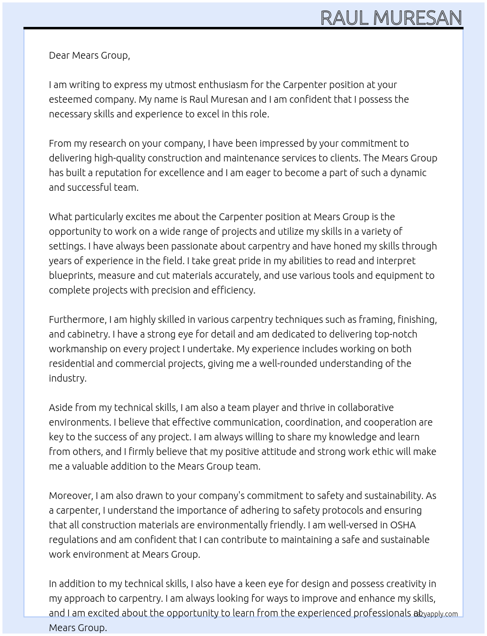 Carpenter  At Mears Group Cover Letter