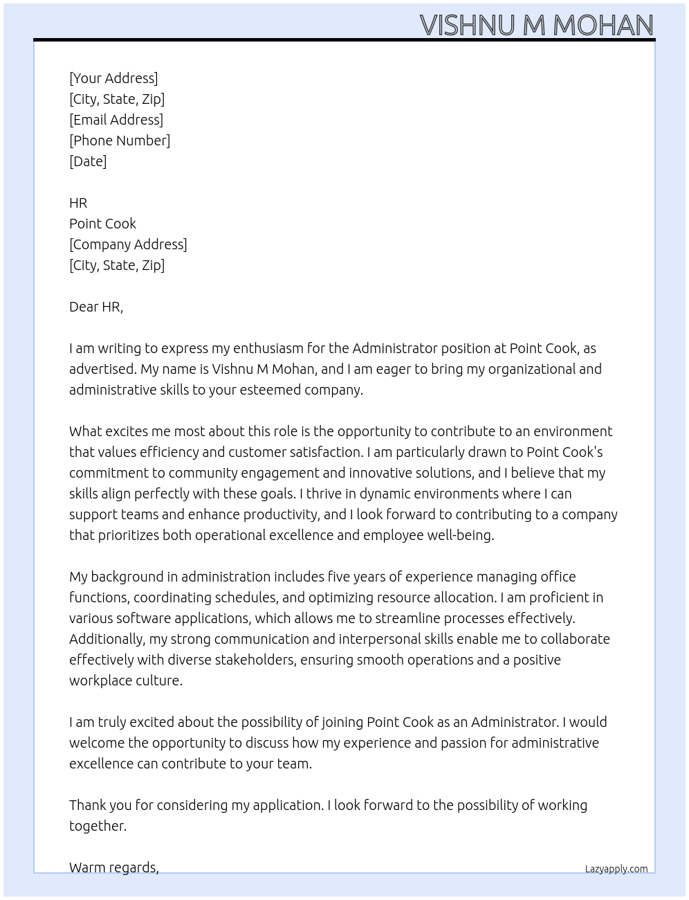 ADMINISTRATOR At POINT COOK Cover Letter