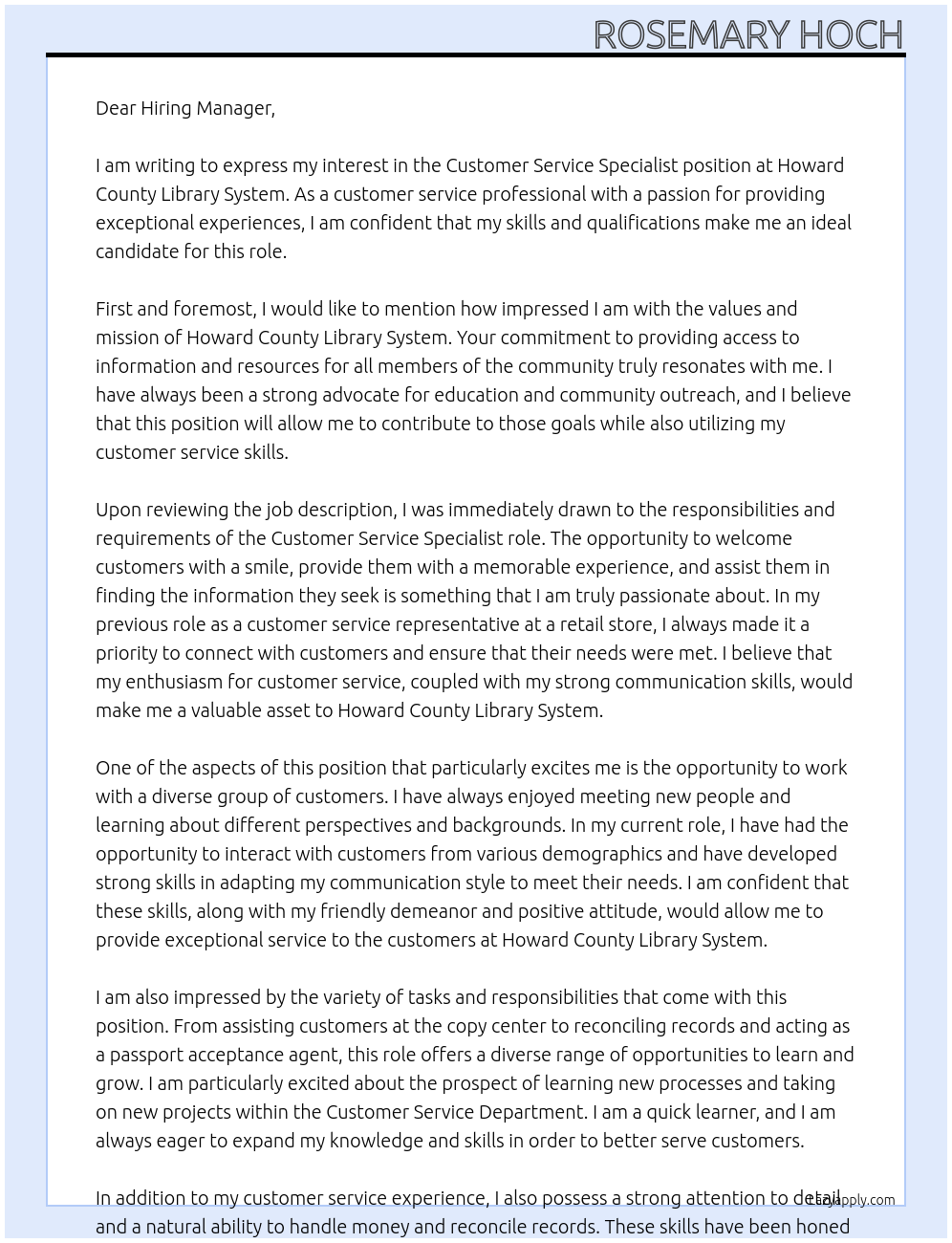 Customer Service Specialist At Howard County Library System Cover Letter