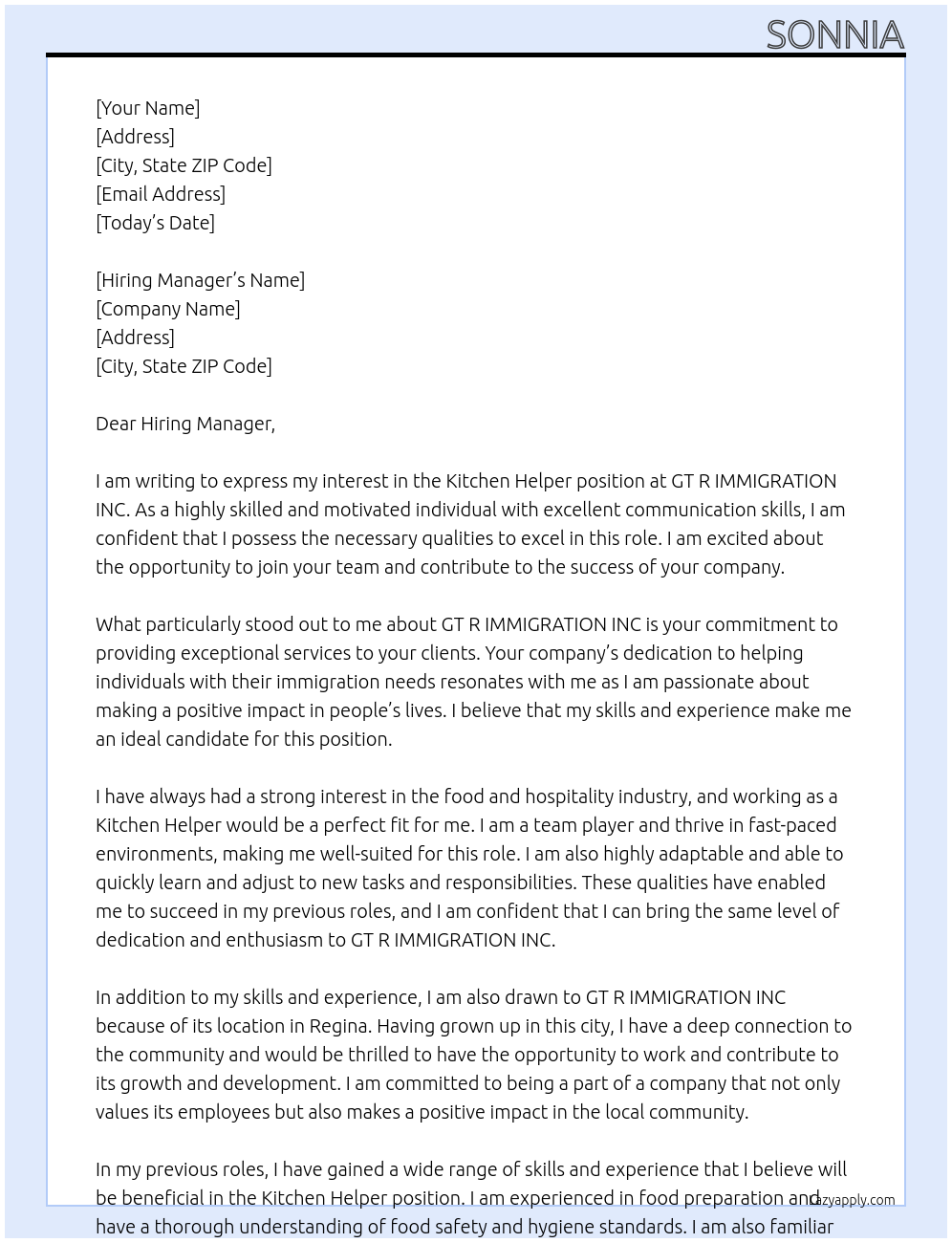 Kitchen helper  At GT R IMMIGRATION INC Cover Letter