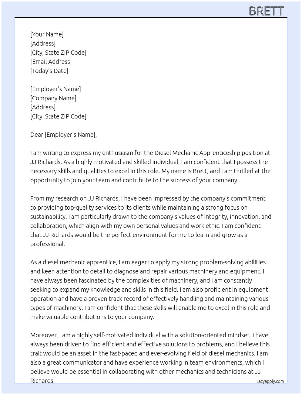 Diesel Mechanic Apprenticeship  At JJ Richards Cover Letter