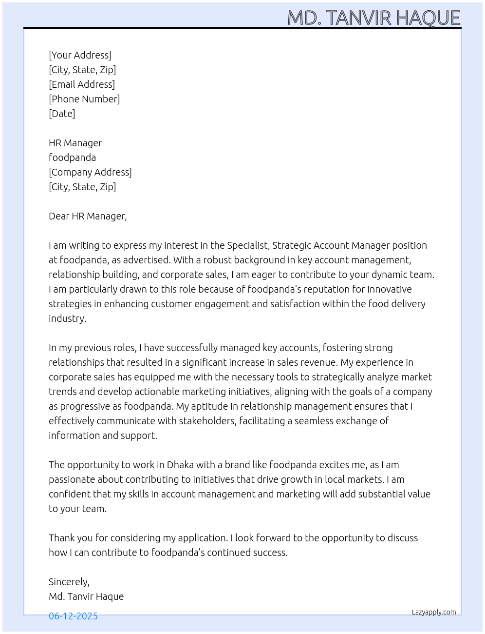 Specialist, Strategic Account Manager At foodpanda Cover Letter