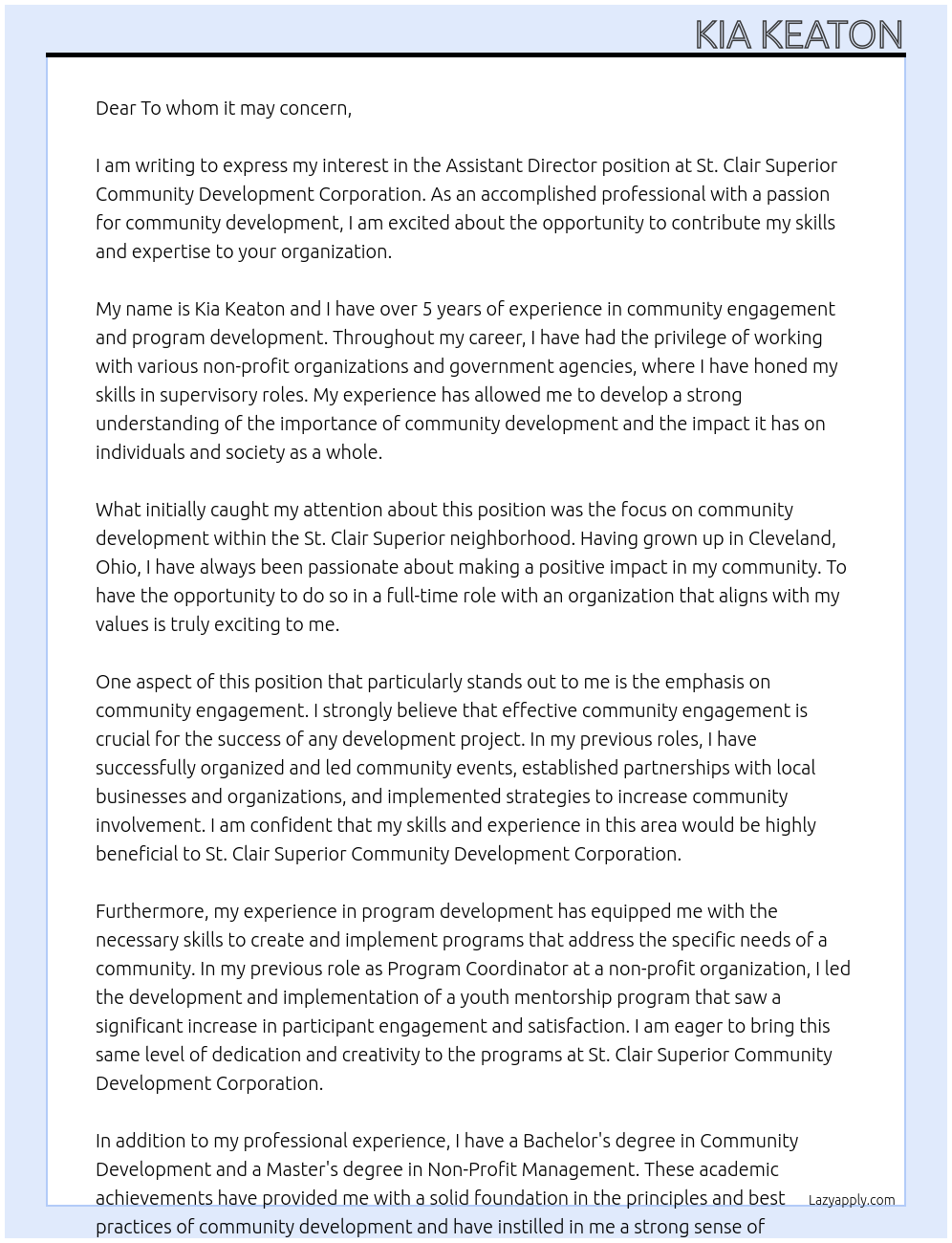 Assistant Director At St. Clair Superior Community Develpment Corporation Cover Letter