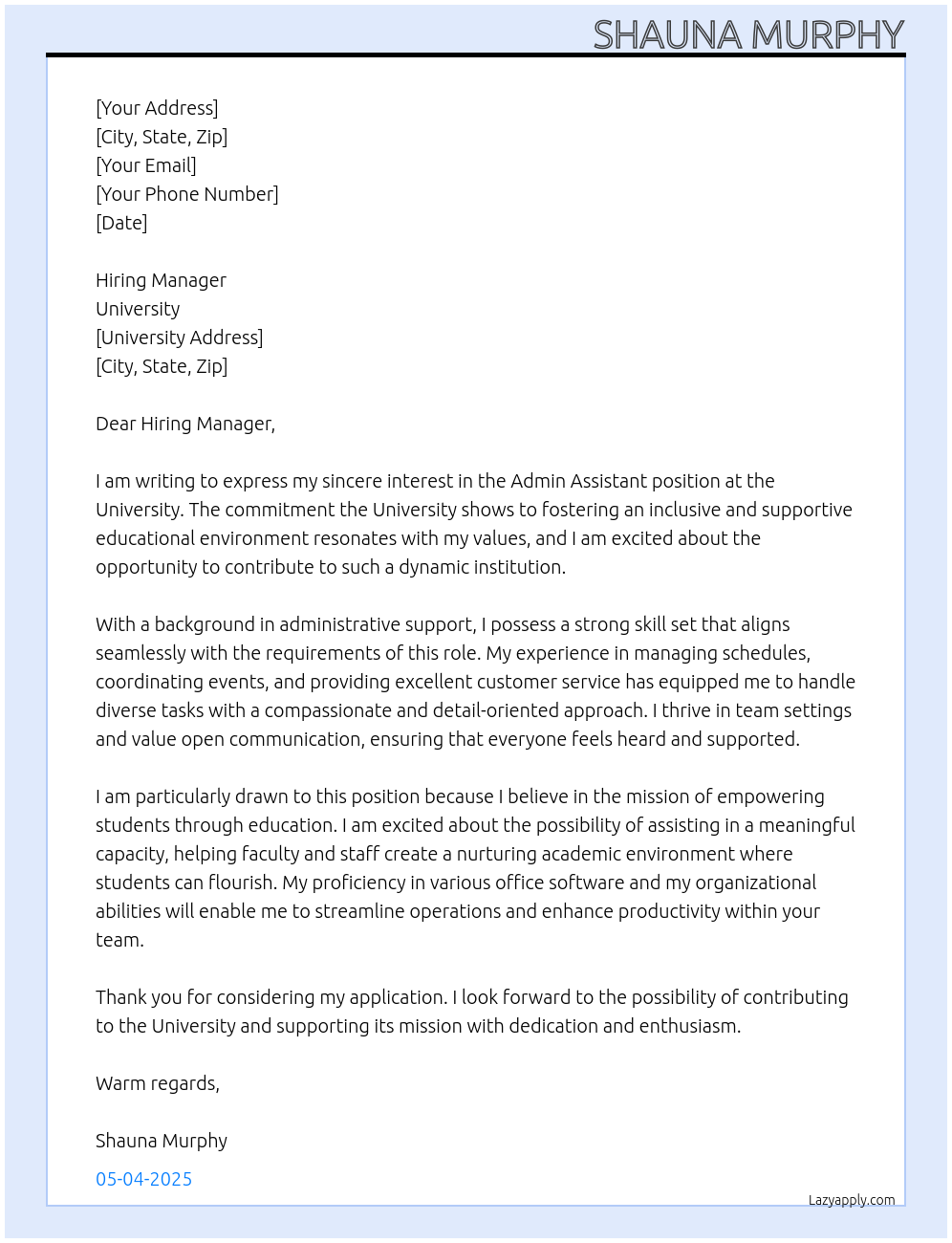 Admin assistant  At University Cover Letter