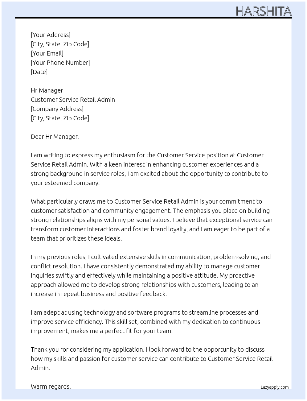 Costumer service At Costumer service Retail admin Cover Letter