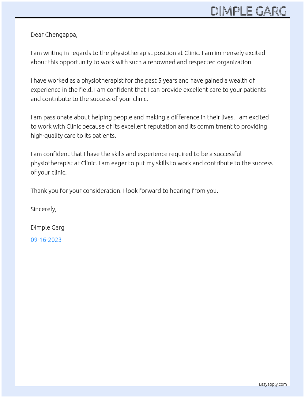 Physiotherapist At Clinic Cover Letter