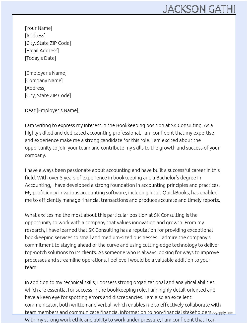 Bookkeeping At SK Consulting Cover Letter