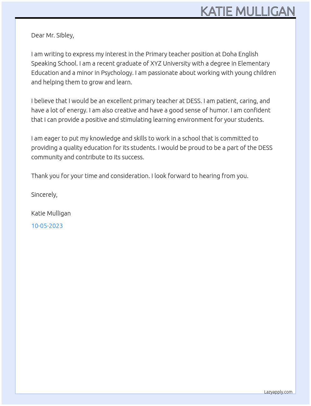 Primary teacher At Doha English Speaking School Cover Letter