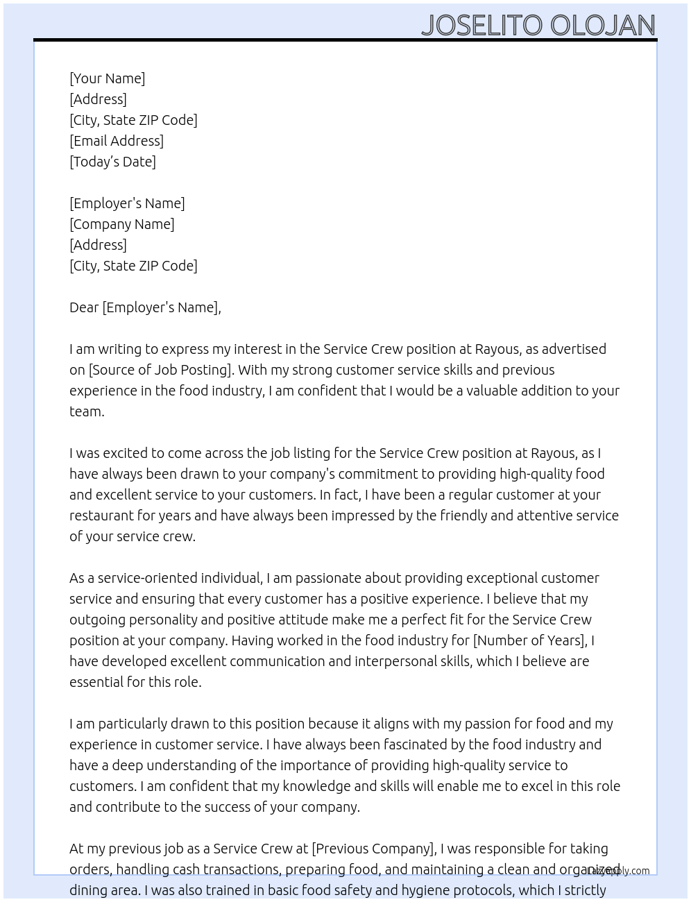 Service crew At Rayous Cover Letter