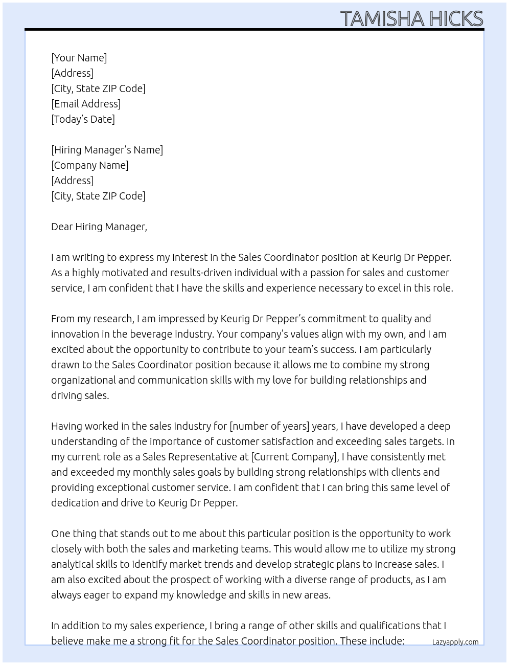 Sales Coordinator At Keurig Dr Pepper Cover Letter
