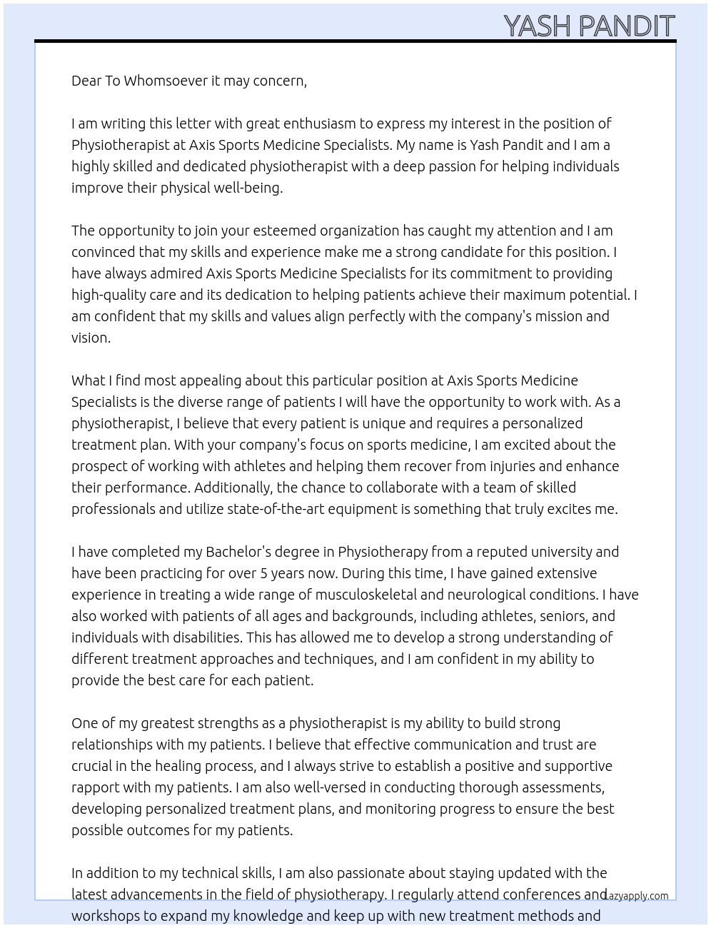 Physiotherapist At Axis Sports Medicine Specialists Cover Letter